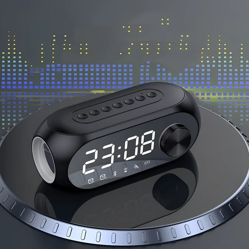 S8 extra bass portable Bluetooth speaker with digital clock display in black, white, or blue colour