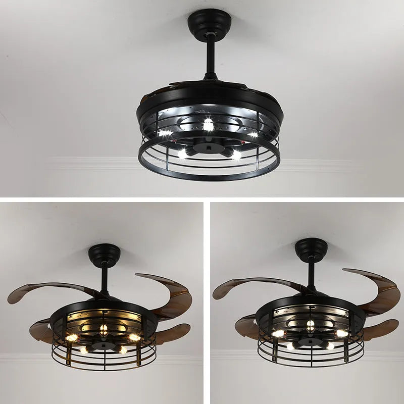 American retro style ceiling fan lamp with invisible blades and acrylic shade, remote control included