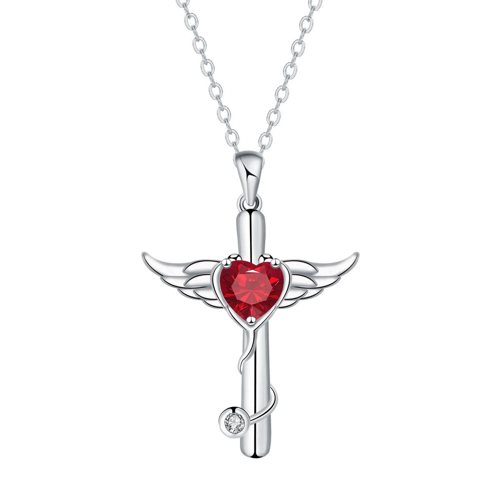 A copper stethoscope necklace with a cross and wings pendant in Red Diamond finish