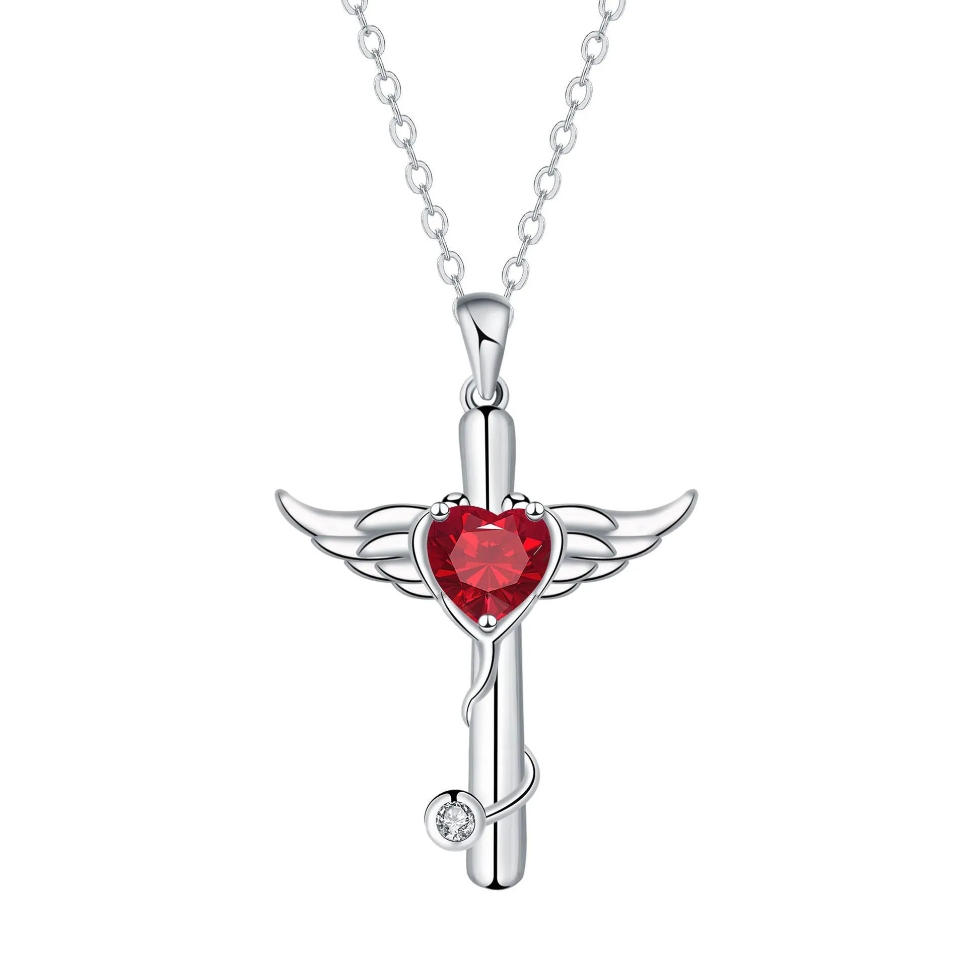 A copper stethoscope necklace with a cross and wings pendant in Red Diamond finish
