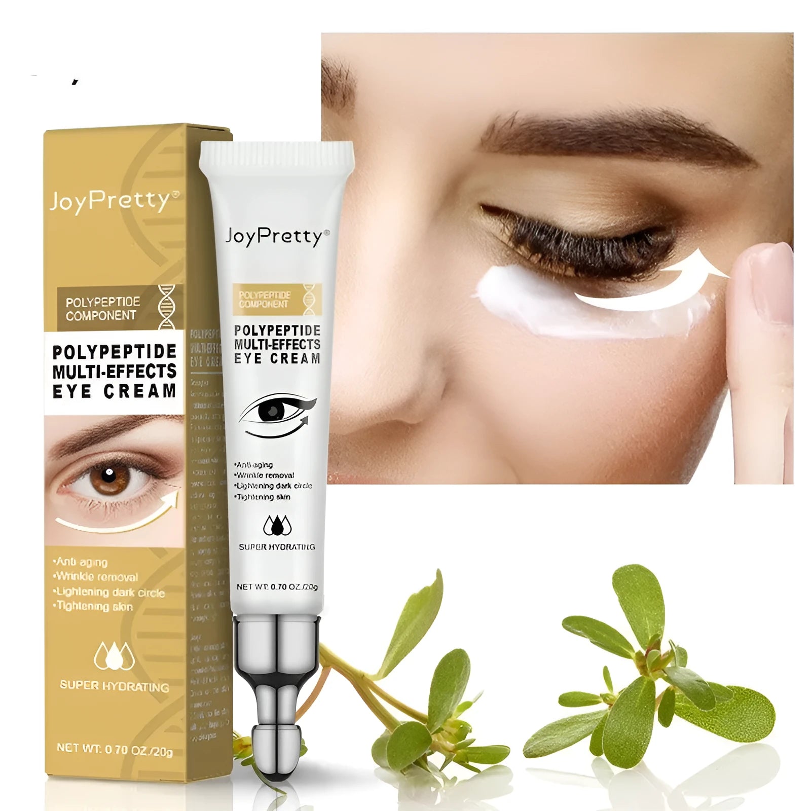 Jar of 20g anti-dark circle eye cream with peptides for reducing puffiness.