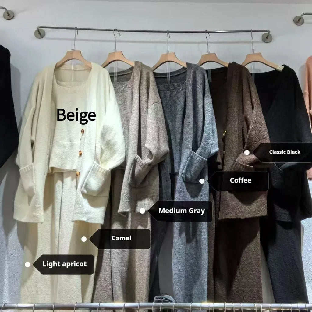 Women's loose fit wool blend cardigan three-piece set in beige, showing vest, coat, and casual pants.