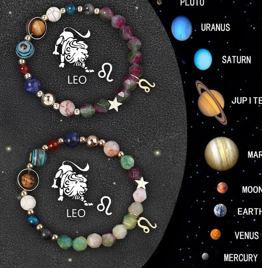 Twelve Zodiac Sign natural stone beaded bracelets showing adjustable designs for astrology jewellery