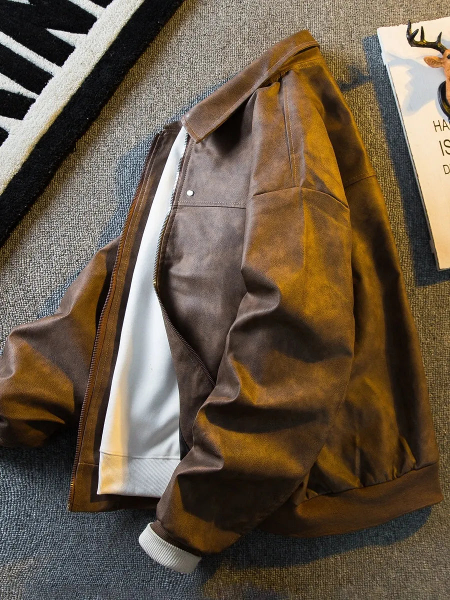 Brown suede vintage short leather jacket for men with lapel collar and zip front