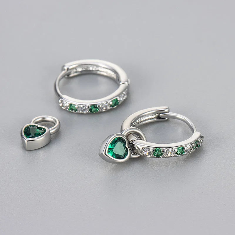 Women's copper earrings with heart-shaped drops and coloured stone accents in gold or white gold tone settings