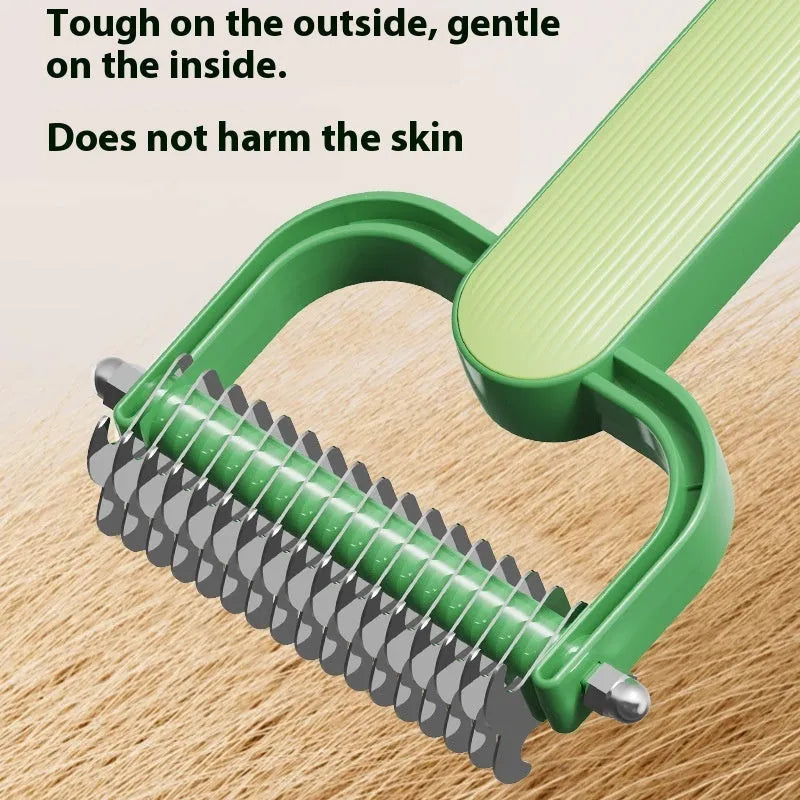 Green and grey dog grooming comb with plastic handle and stainless steel teeth for unknotting