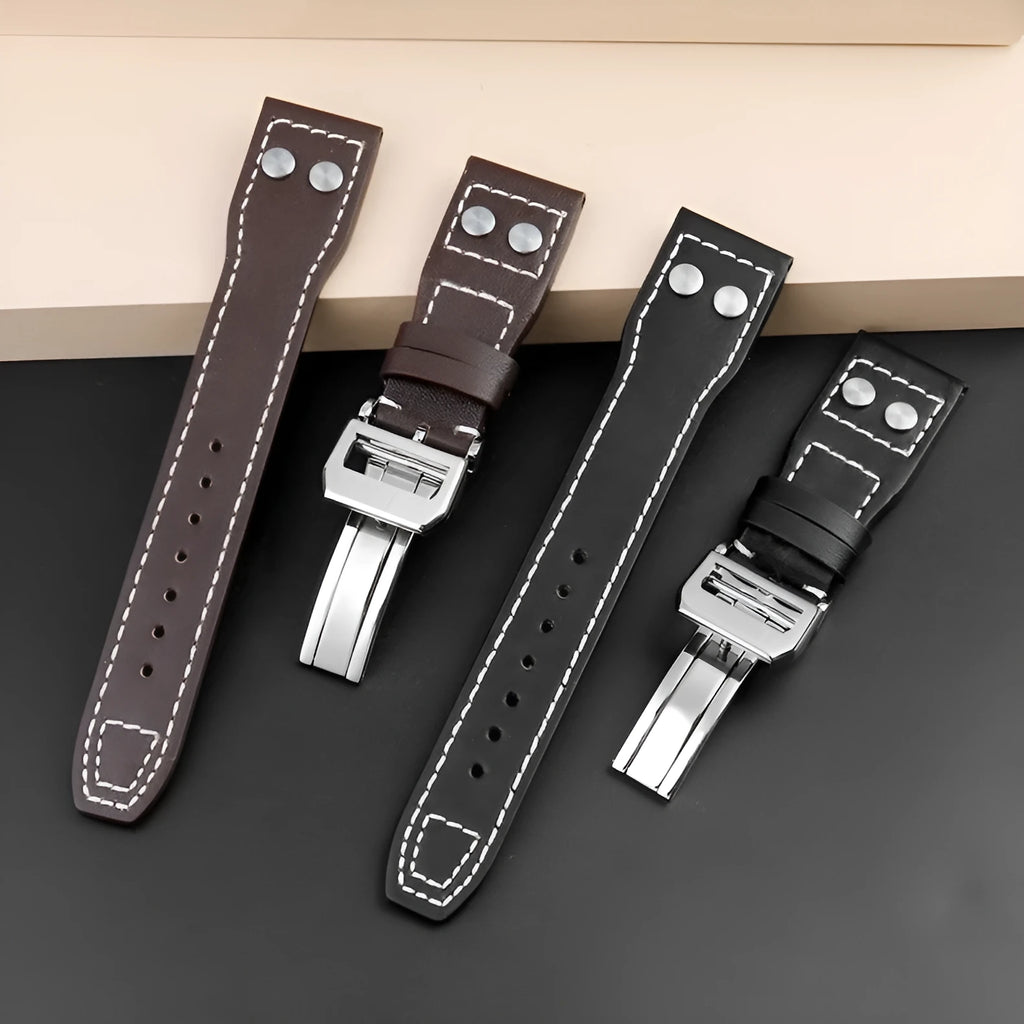 Portuguese Fire Jet genuine leather watch band strap in black with silver buckle, 20mm width