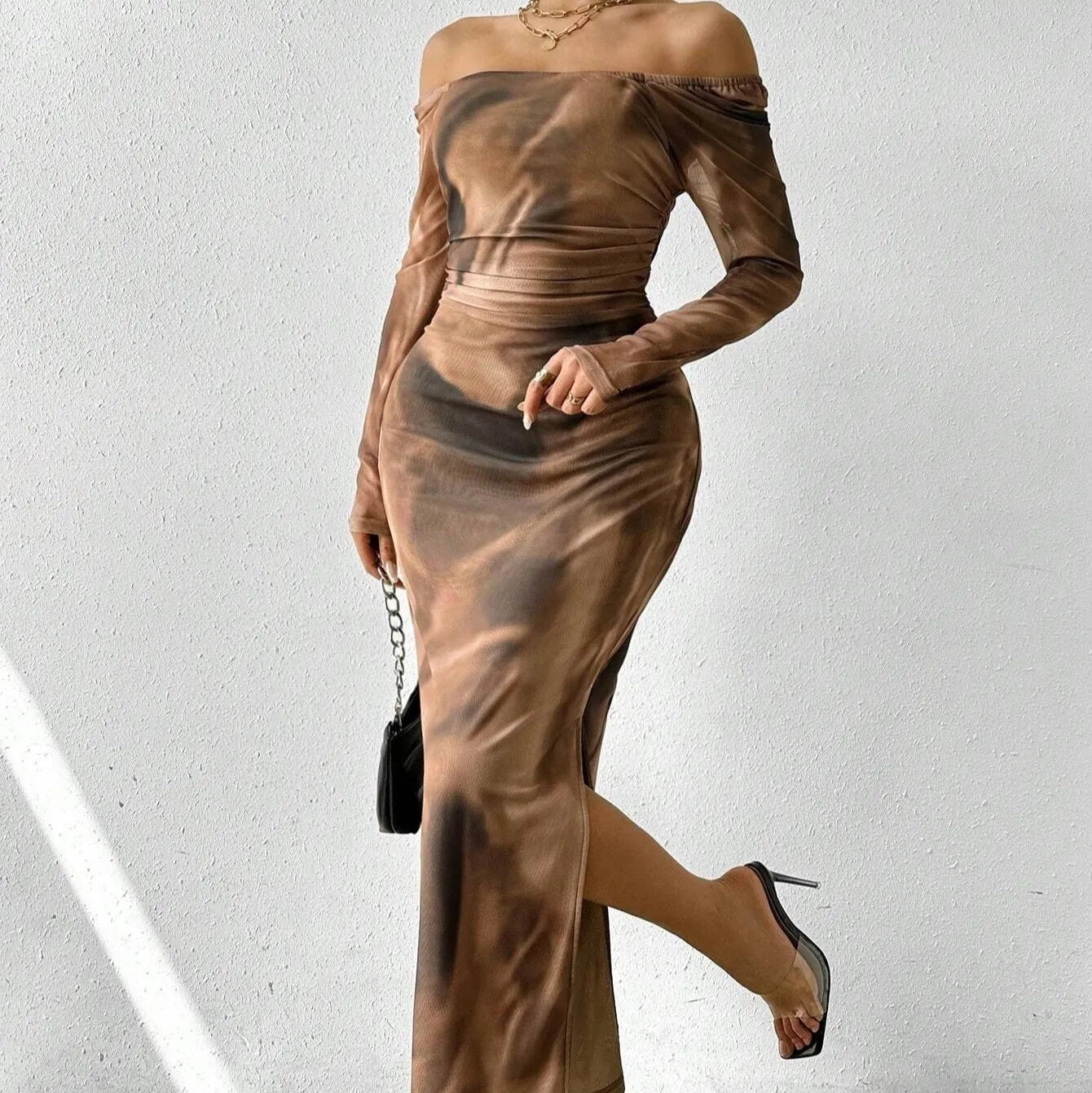 Women's long fishtail dress with square collar, pleated mesh fabric, and a split hem in a gradient colour.