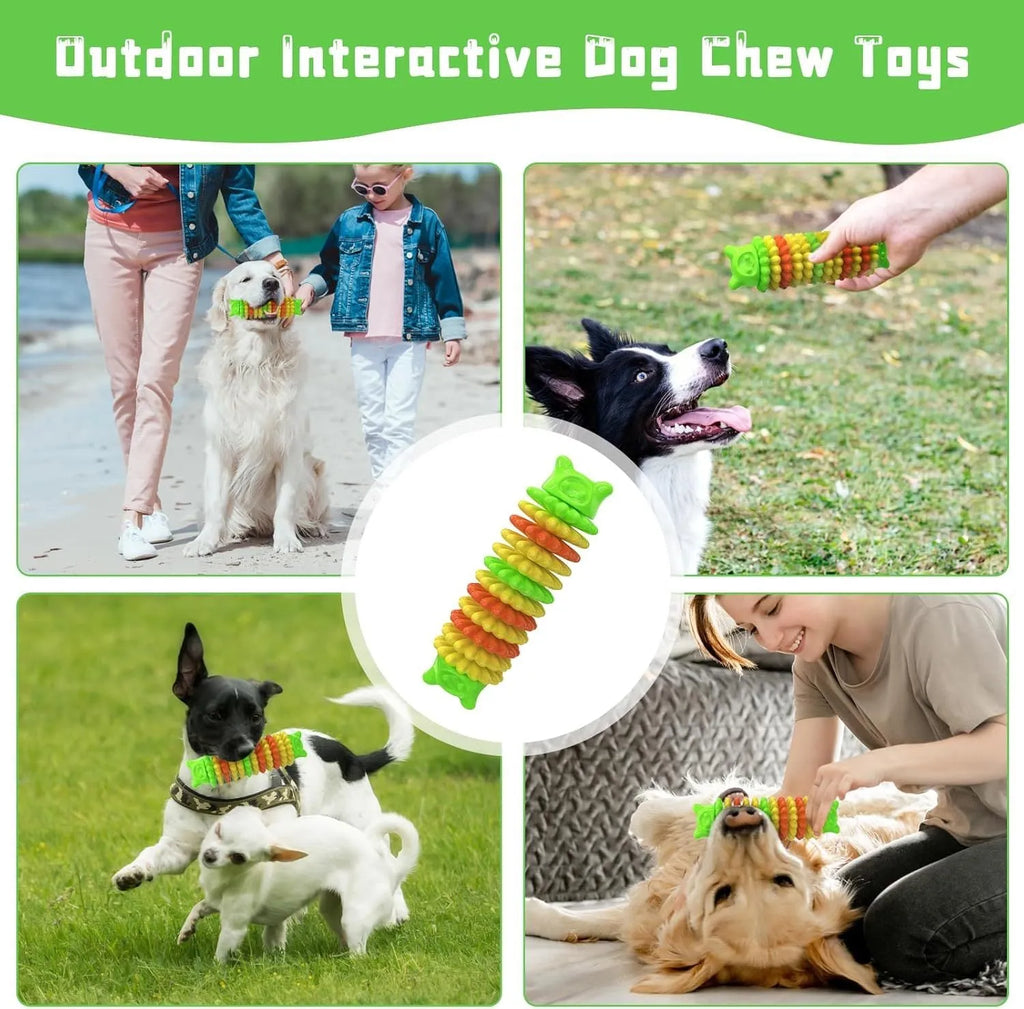 Blue natural rubber caterpillar-shaped dog chew toy measuring 17 cm long