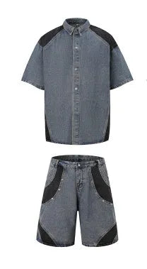 Retro washed blue denim short-sleeve jacket and matching trousers suit laid flat.