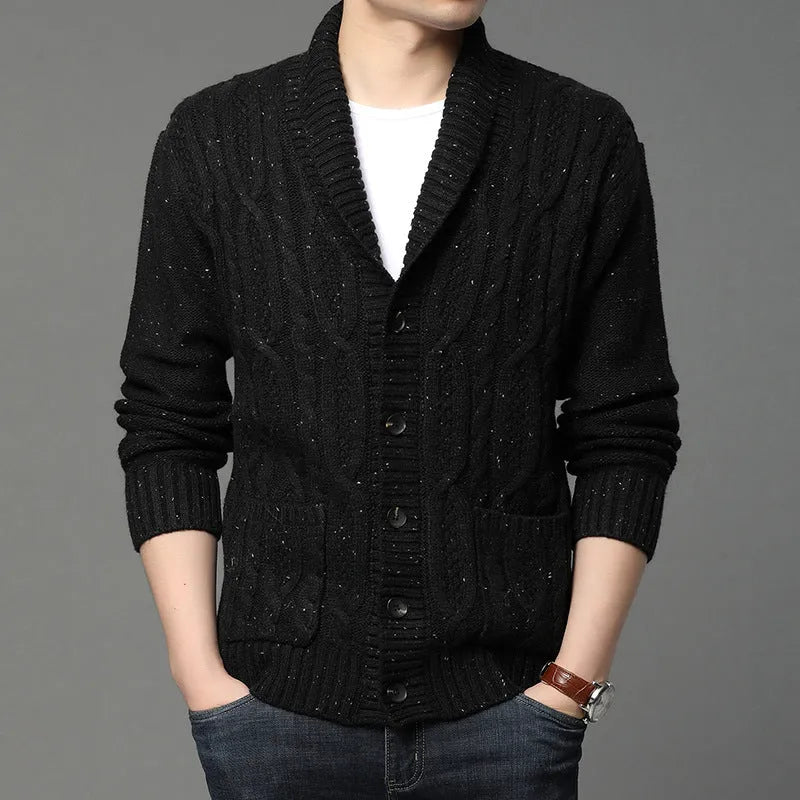 Men's Korean style jacquard knitted cardigan jacket in dark grey