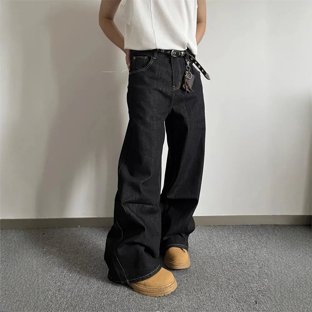 Black retro straight-leg jeans with wide-leg cut and mid-waist zip fly