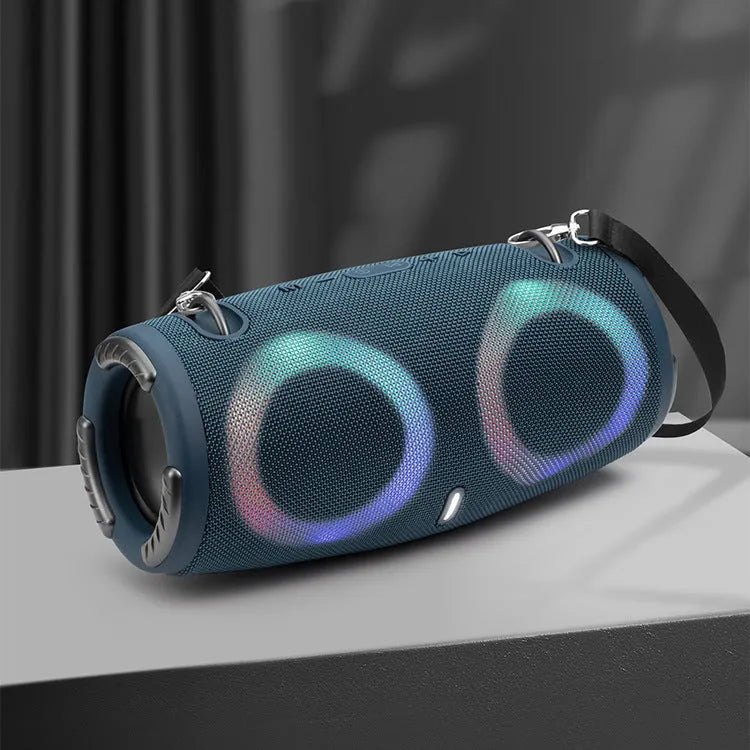 Round portable Bluetooth speaker with RGB coloured lights in camouflage colour option with carrying strap