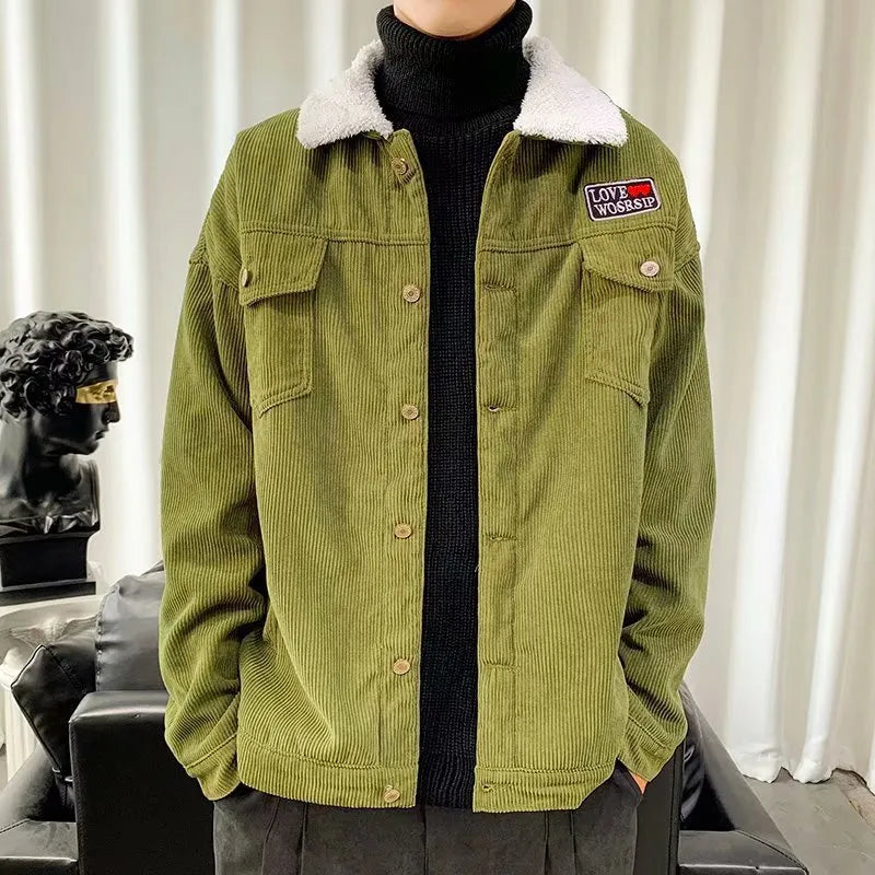 Corduroy workwear jacket in khaki colour with size stick pockets and regular sleeves