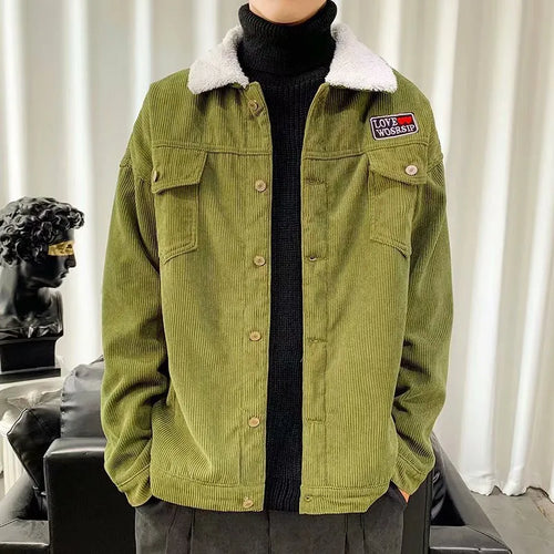 Corduroy workwear jacket in khaki colour with size stick pockets and regular sleeves