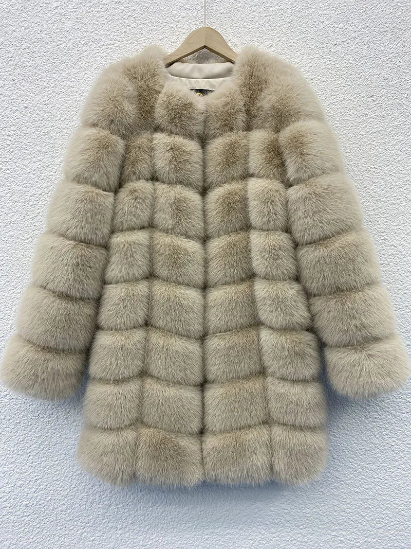 Women's long artificial fur coat in multiple colours including black, camel, and wine red, showing 80 cm length.