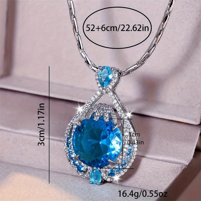 Geometric blue crystal pendant necklace on water wave chain for women