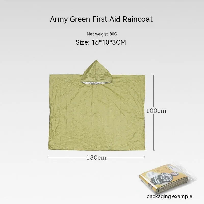 Orange portable disaster relief tent with emergency blanket showing 240cm × 150cm dimensions