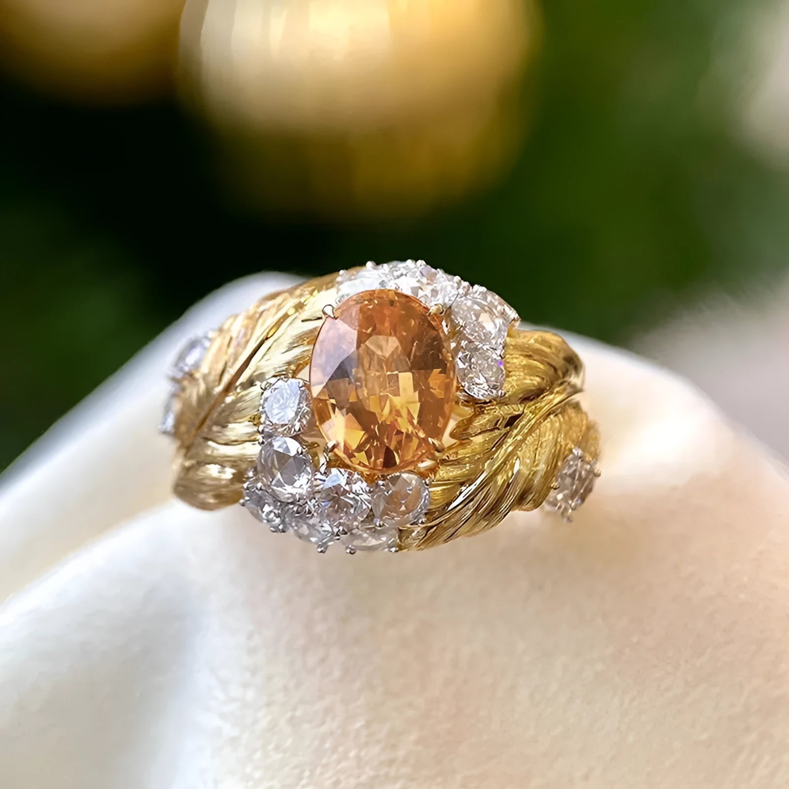 Gold-coloured copper ring with embossed feather design and yellow zircon stone inlay