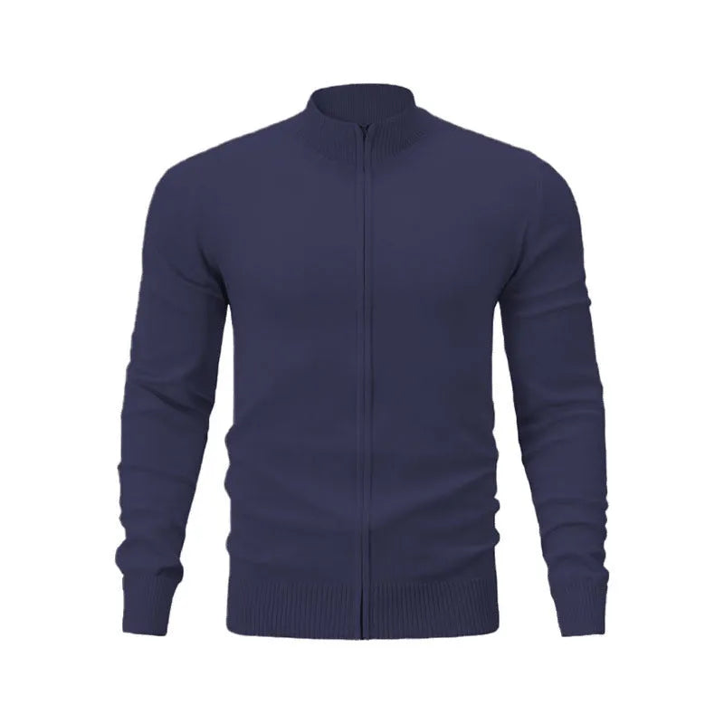 Man wearing a stand collar zip-front casual sweater in a solid colour, showing loose fit and front zipper detail.
