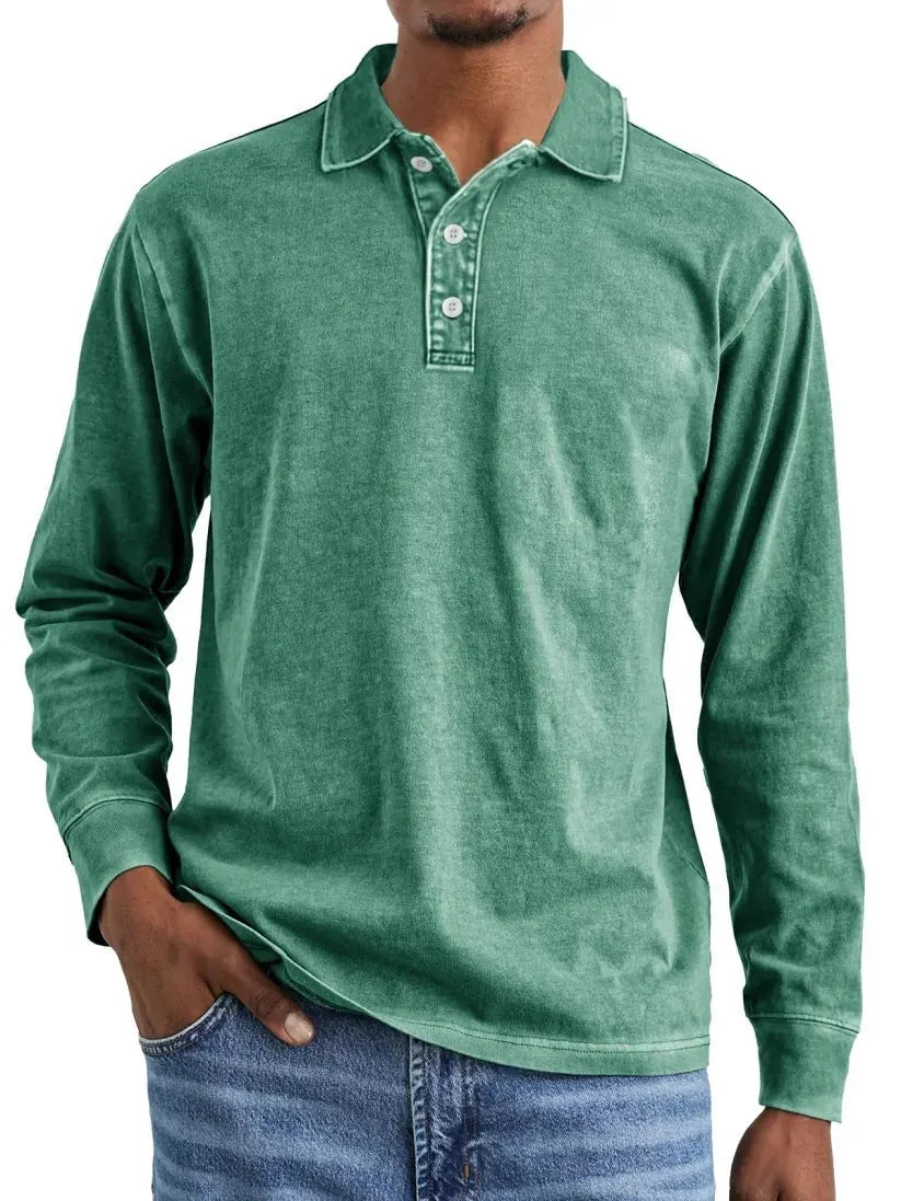 Men's retro washed distressed cotton lapel long sleeve polo shirt shown in army green.