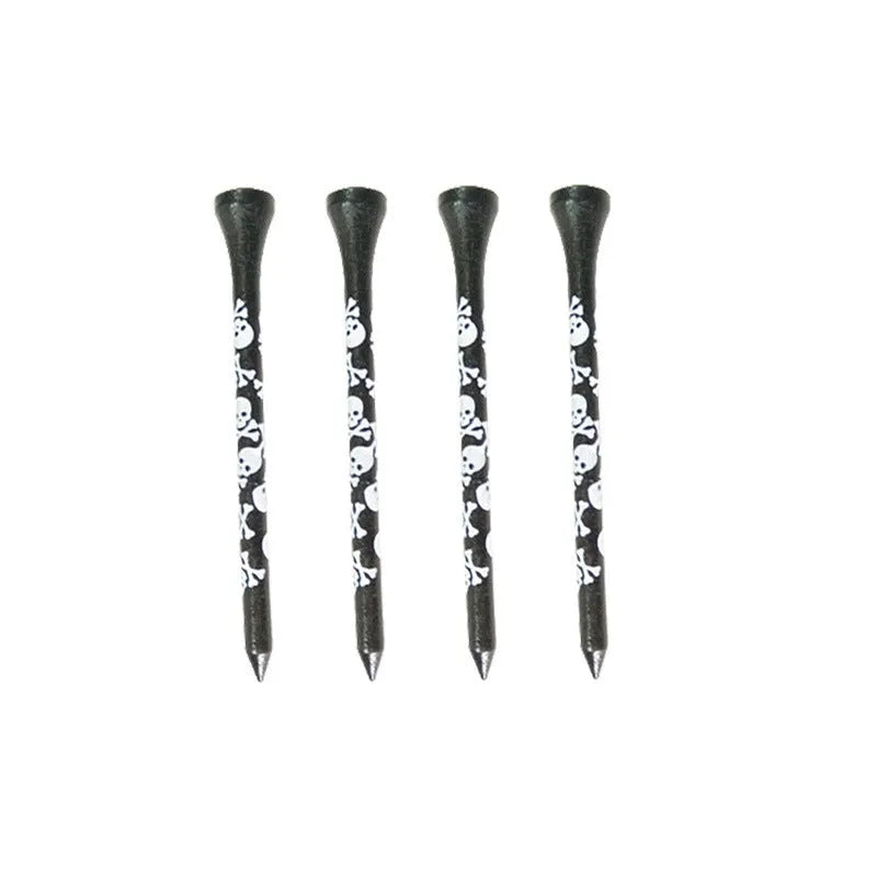 Black bamboo golf tees with skull print design showing 70mm and 83mm lengths