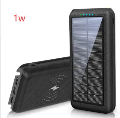 Black portable power bank with wireless charging pad on top, three USB ports, and an LED flashlight.