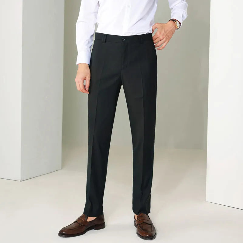 Formal straight-leg trousers in black chemical fibre blend fabric for business wear