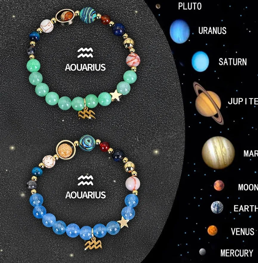 Natural stone beaded zodiac bracelets on elastic cord showing astrological symbols for twelve star signs