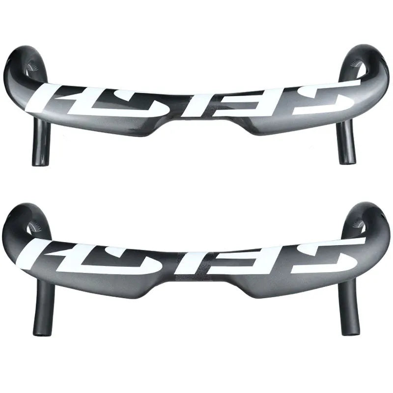 Carbon fibre road bicycle handlebar showing 31.8mm clamp area and curved drops