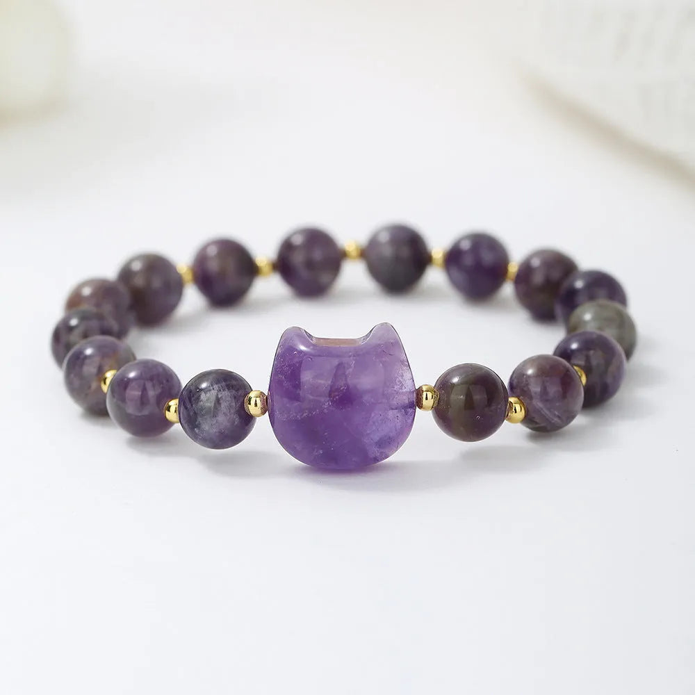 Natural stone cat head charm bracelet in Gray Moonlight colour – hand-strung stone beads on cord