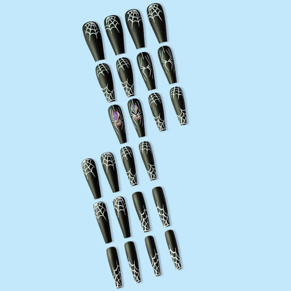 Dark Spider Halloween nail art set with 24 pieces and glue, cartoon spider design