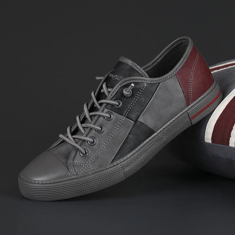 Men's colour matching leather shoes with round toe, elastic band, and flat rubber sole