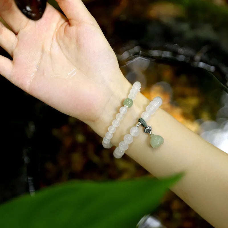 Women's S925 silver bracelet with white agate and Hetian jade stones in geometric design