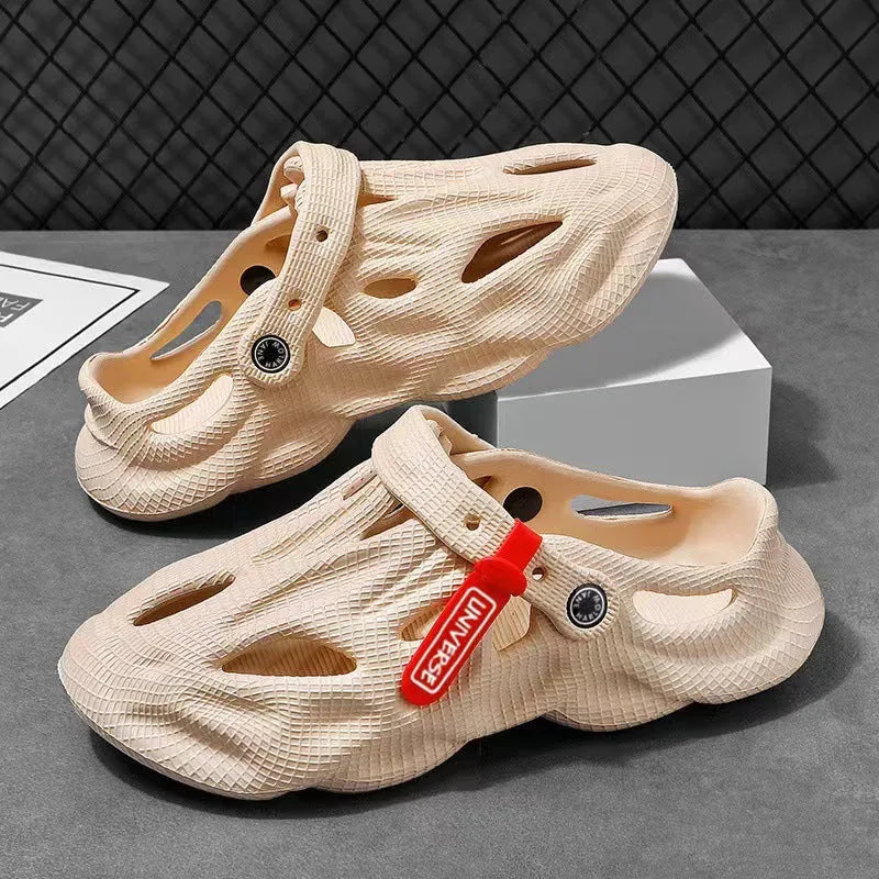 Frosted EVA coconut slippers with closed toe design and holes, shown in available colour options