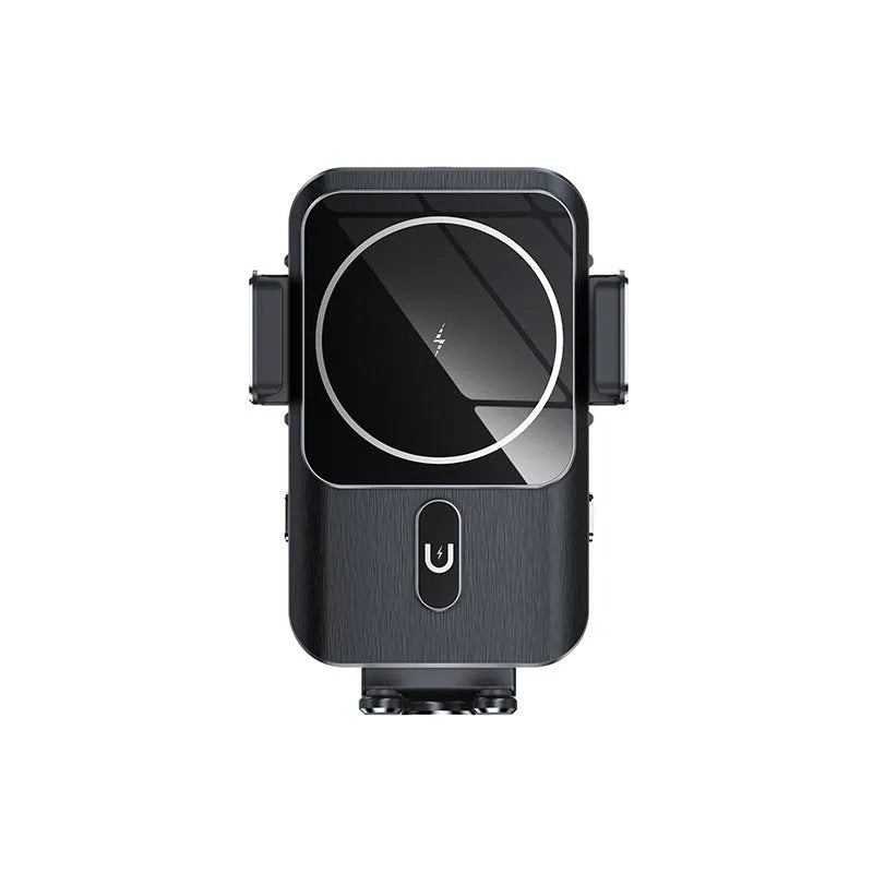 Black car wireless charger phone holder showing clip and suction cup mounting options for 15W Qi charging