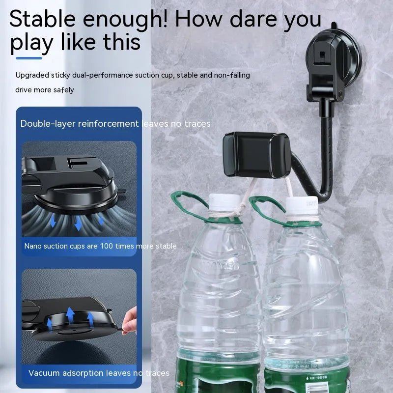 Black universal car mobile phone bracket with rotating metal arm and double supercharged design
