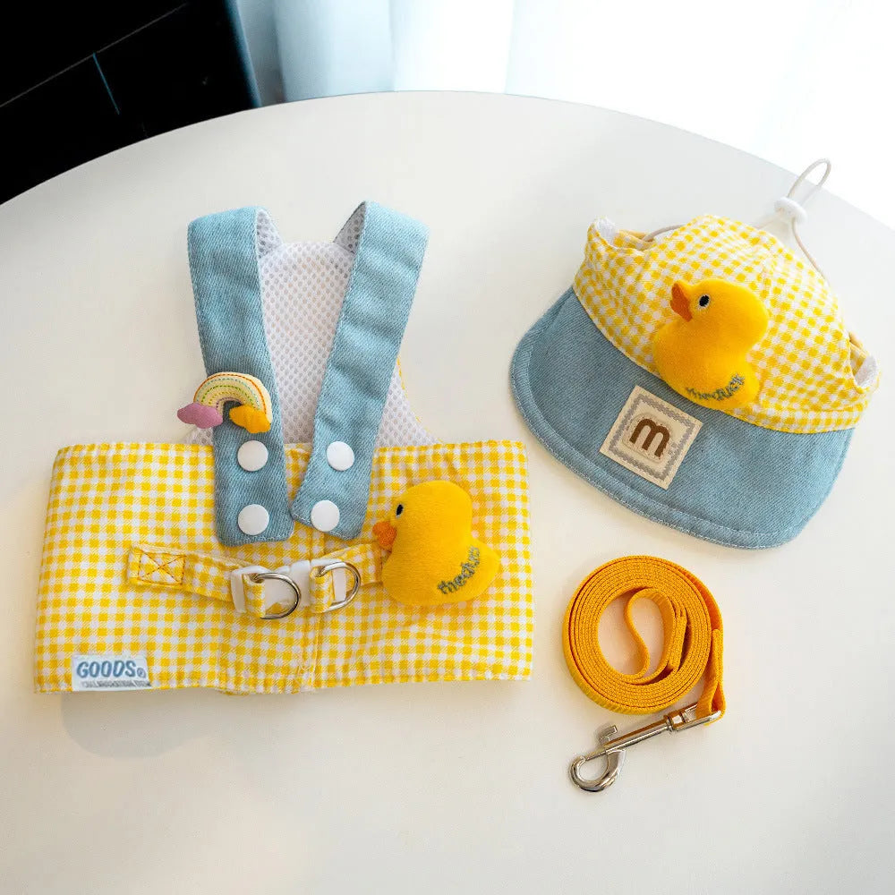 Pet harness and leash set with cat clothes outfit and hat for spring summer outdoor walking
