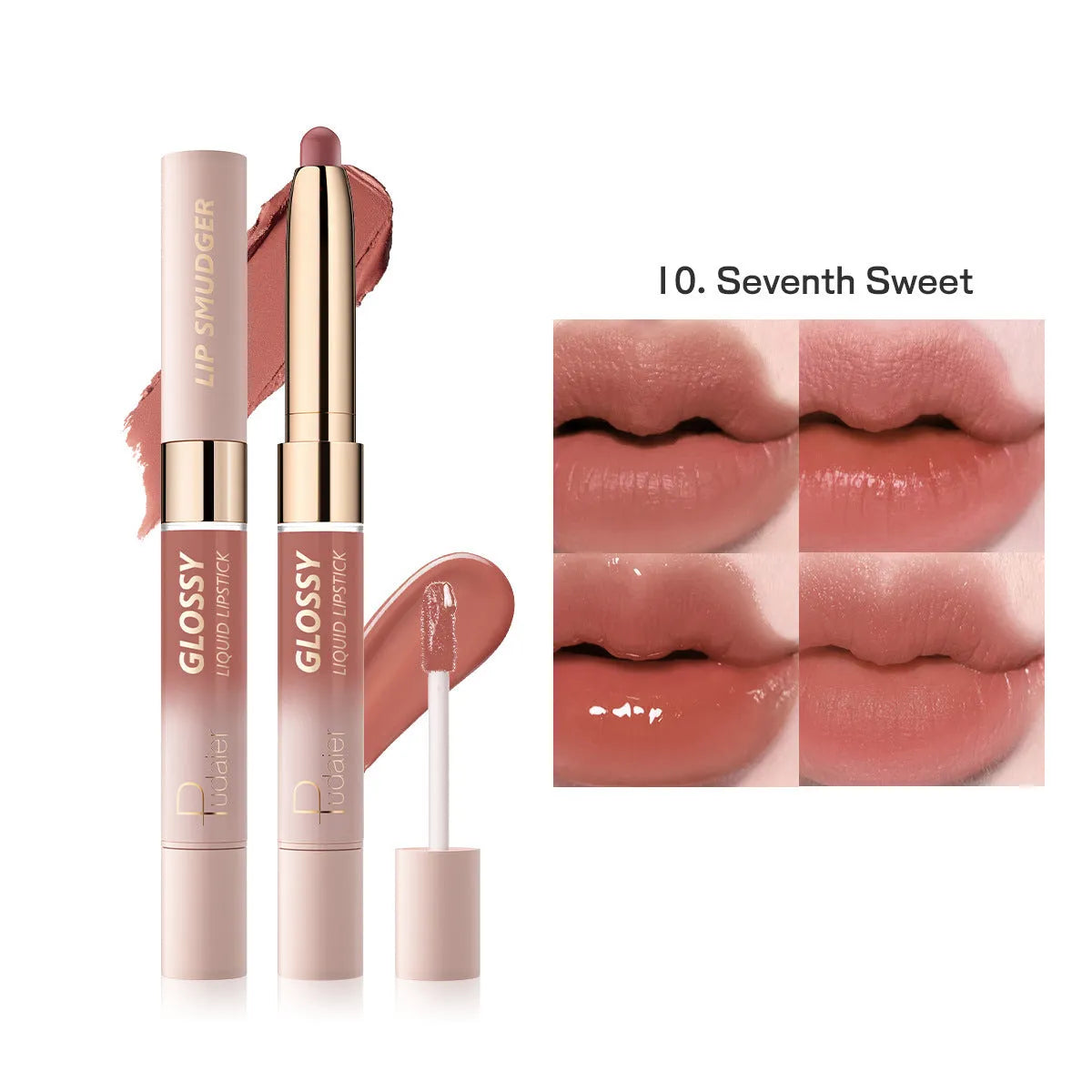 Double-headed lipstick showing matte bullet on one end and gloss applicator on the other in one of 10 available colours