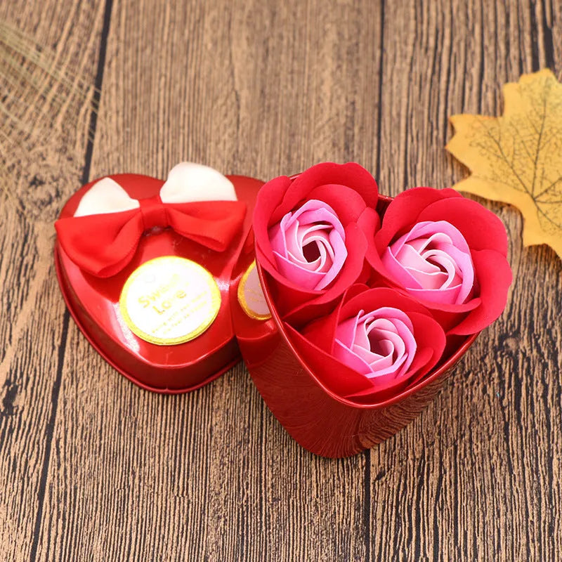 Soap flower gift box heart shaped tin box with bear figure red pink blue purple gradient handmade