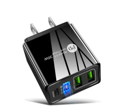 Dual USB fast charge travel charger with PD and interchangeable UK EU US plugs in black