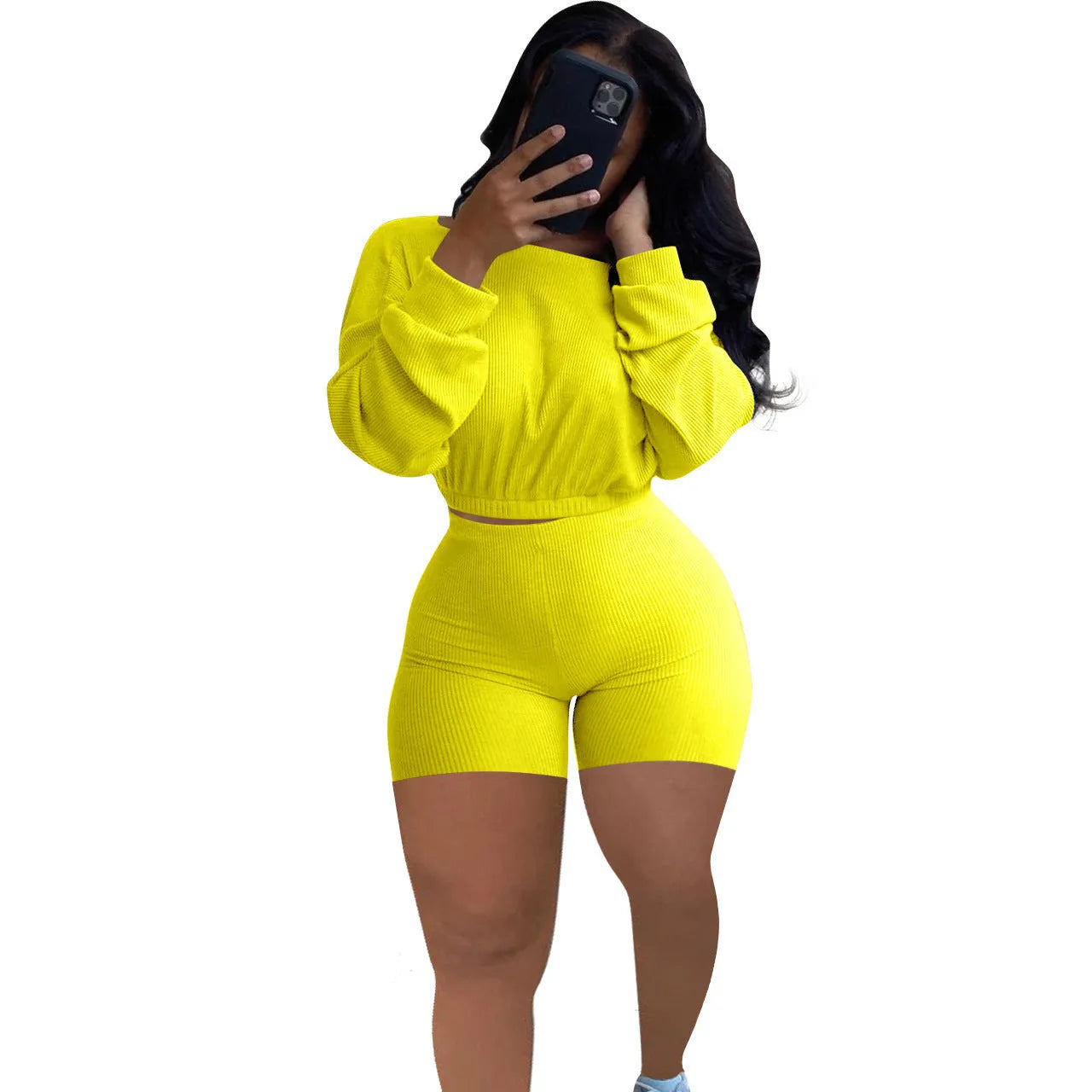 Ladies' solid colour off-the-shoulder long sleeve top and shorts two-piece set