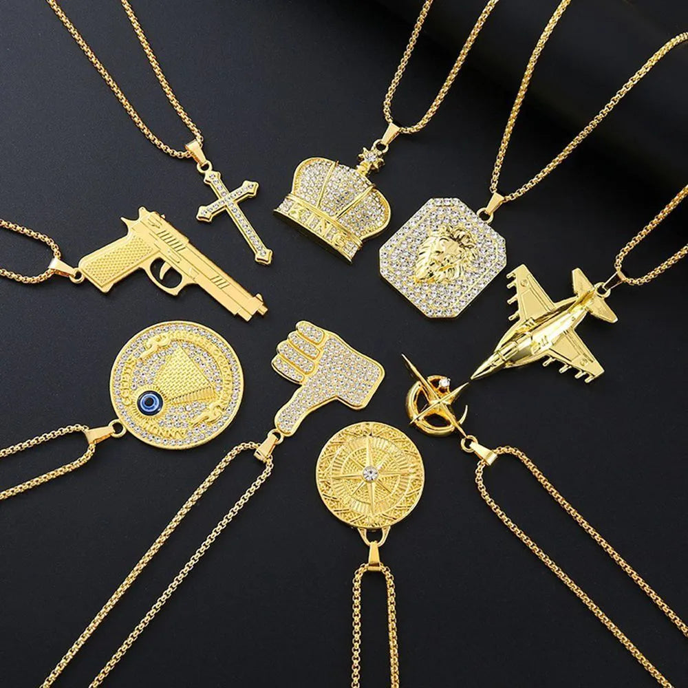Gold geometric alloy pendant necklace with inlaid zircon detailing for women
