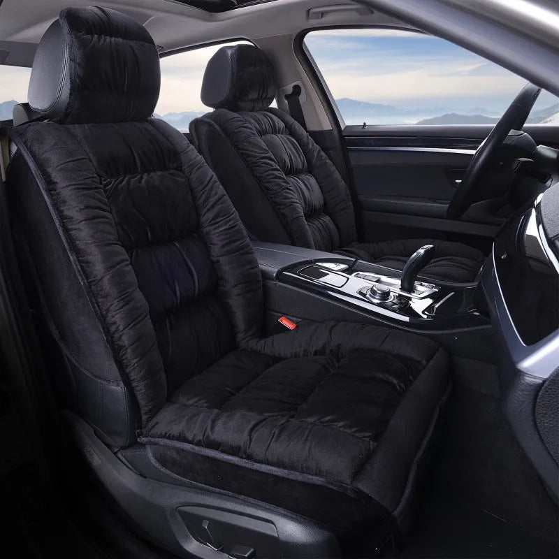 Short plush winter car seat cushion available in multiple colours including black, beige, grey, brown, and purple.