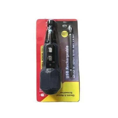 Black and blue alloy steel straight handle cordless electric screwdriver on a workbench.