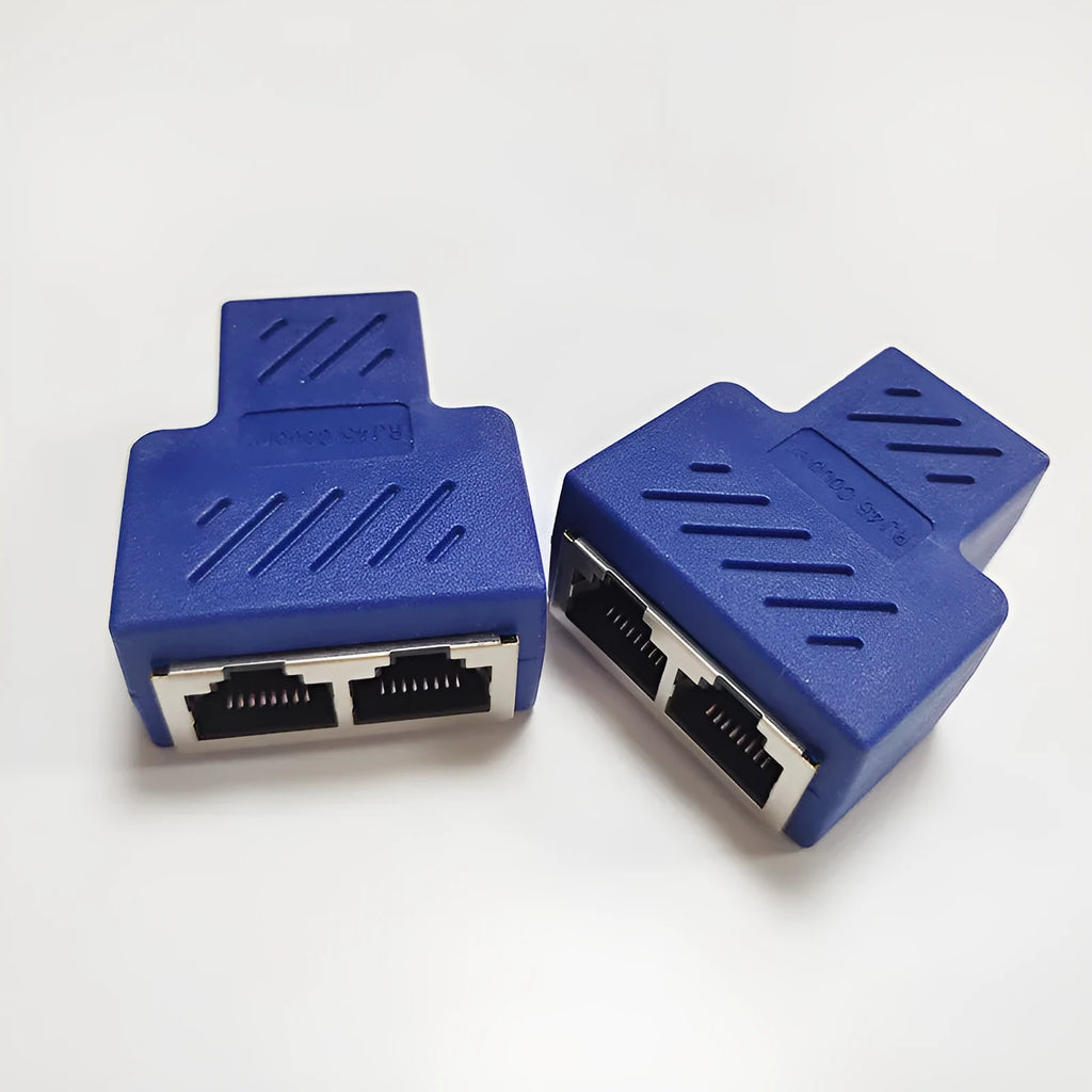 White RJ45 network cable tee splitter adapter on a dark background