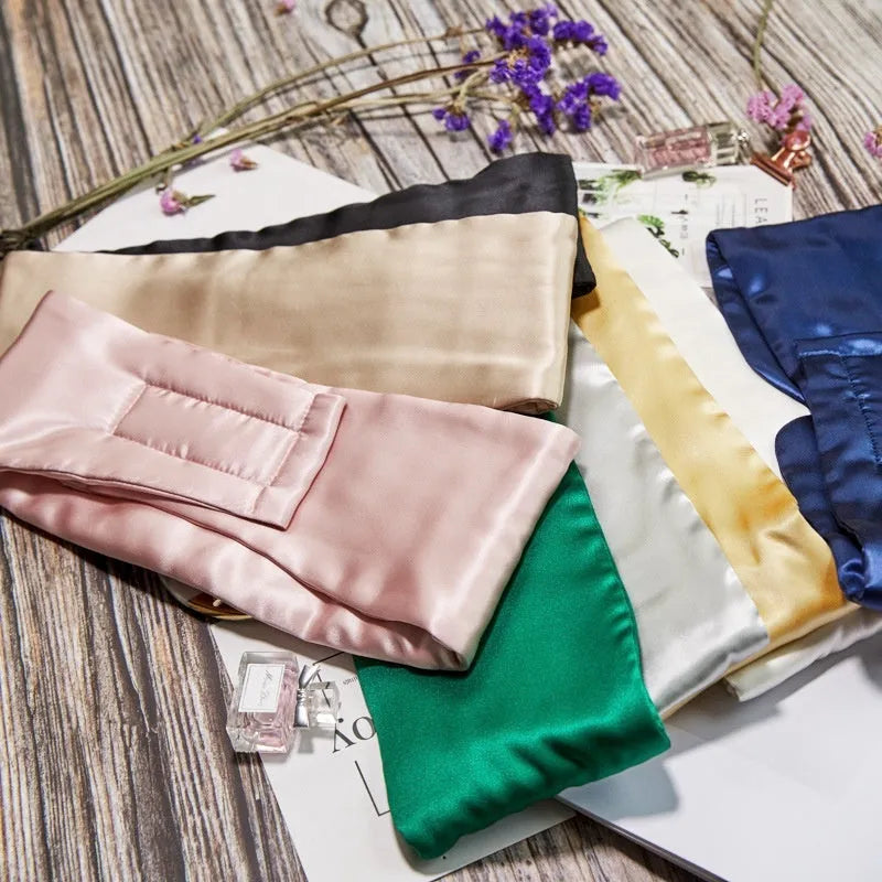 Mulberry silk sleep eye mask shown in champagne gold colour for light blocking comfort.