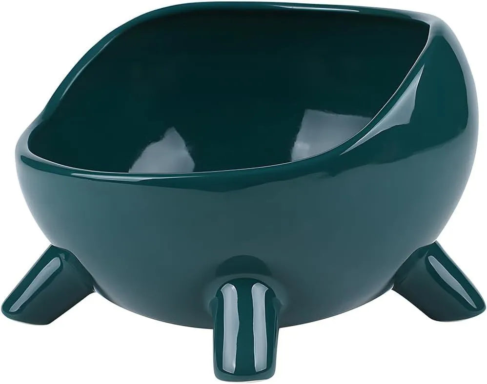 Green four-legged ceramic cat food bowl with elevated base and wide mouth design