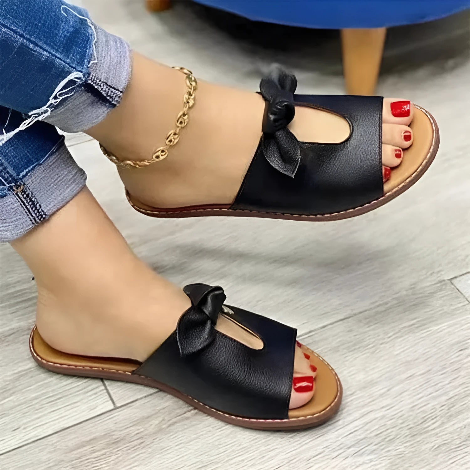 Ladies casual sandals with bow decoration and fish mouth design in black, pink, and gold colours