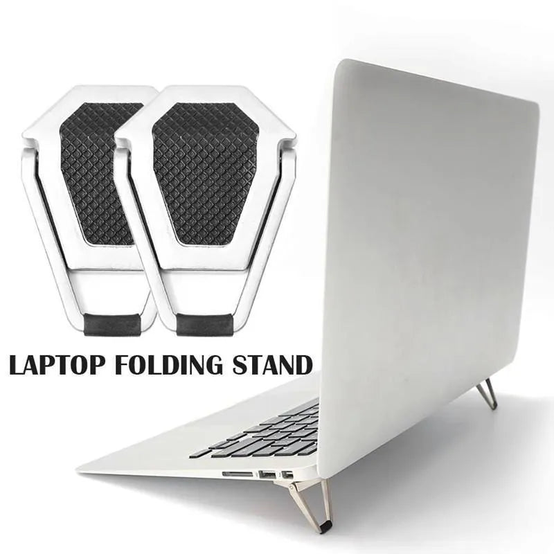Compact foldable aluminum alloy laptop stand bracket shown in silver and white colour options.